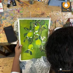 Progress check on an acrylic painting. Here, the focus is on layering colors to create depth and realism in the leaves and fruit.