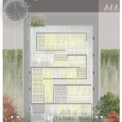 A night-time visualization of the SCC complex concept. This rendering illustrates how interior lighting transforms the building's appearance from the outside, highlighting its structural grid and creating a lantern-like effect.