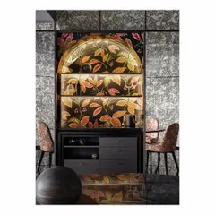 A discreet, wallpaper-clad bar is hidden within the mirrored wall of this dining room. When the doors are closed, it becomes inconspicuous. When open, it reveals a funky, illuminated backdrop perfect for house parties, showcasing our love for smart, convertible design.