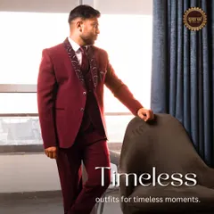 Timeless outfits for timeless moments. This maroon three-piece suit with an embellished lapel is a perfect choice for a reception or cocktail party, offering a look of pure elegance.