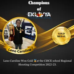 A celebratory graphic for our shooter, Leno Caroline, who won a Gold Medal at the CISCE Regional Shooting Competition. We take pride in the individual achievements of our members.