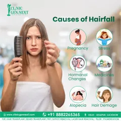 This infographic details some of the most common causes of hair fall, including pregnancy, stress, hormonal shifts, medications, alopecia, and physical damage to the hair. Identifying your specific cause is key to effective treatment.