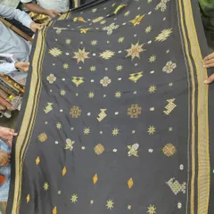 A full view of a magnificent black silk saree with intricate Kasuti and Negi embroidery. This piece was shared with design students from Bagalkot during their visit to my studio, a wonderful exchange of knowledge and appreciation for our craft.