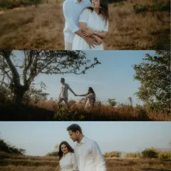 A three-panel collage showcasing a couple's romantic walk through a field. These frames capture their movement and connection, telling a story of them simply being together.