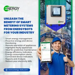 Here is a practical look at our smart metering system in an industrial setting. A technician holds our app, which connects directly to the smart meter on the factory floor, giving you access to proactive monitoring, remote controls, and fault detection.