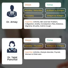 Dr. Amey and Dr. Tejal Panchal are available in Andheri, specializing in arthritis, lifestyle disorders, and women & child care.