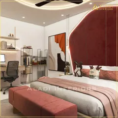 A chic and modern bedroom with a unique, oversized red velvet headboard that extends to the ceiling. The room includes a dedicated study area with sleek, minimalist shelving, perfect for a contemporary lifestyle.