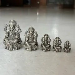 A showcase of our Lord Ganesh murti collection, available in five different sizes. This demonstrates our range from small, budget-friendly idols perfect for a car dashboard to larger, more ornate pieces for a home temple.
