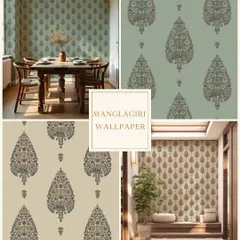 The Mangalgiri wallpaper, inspired by traditional Kalamkari patterns, is shown here in two earthy colorways. The elegant motifs are perfect for adding quiet grandeur to dining corners and cozy nooks.