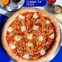 This is my TwentySeven Fiamma 2.0. It's a spicy and flavourful pizza with pomodoro, aged mozzarella, red onion, spring onion ricotta, and a kick of pickled green chilli and red chilli flakes.