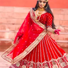 A full-length shot of a model in a stunning red lehenga, embodying the royal Padmavati look. The heavy gold temple jewellery, including the choker and matha patti, creates a powerful and historic aesthetic.