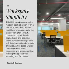 This is a look into the modern, sophisticated workspace we designed for DHL. We used bold brand colors, like these yellow partitions, and an open-plan layout with industrial touches to create an energetic and functional environment that inspires collaboration.