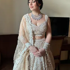 Soft, angelic, and radiant for Oezlem's sangeet. This look features a dewy base, soft pink tones on the eyes and lips, and a romantic updo, creating a dreamy and ethereal appearance.