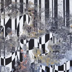 A close-up of the 48x48 inch monochrome horse painting. You can see the layers of texture and the interplay between sharp lines, checkerboard patterns, and abstract shapes that suggest movement.