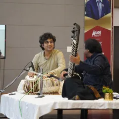 A beautiful shot from a concert in Bhopal, sharing a musical thought with Ustad Shahid Parvez Khan Sahab. My goal is always to complement the main artist, enhancing the rasa of the raga.
