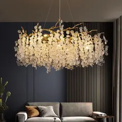 This is a true centerpiece. A large, branch-like chandelier with dozens of crystal leaves, designed to fill a spacious room with dramatic, sparkling light.