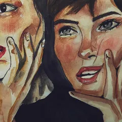 A close-up of the 'trio' sketch, this time with watercolor added to bring warmth and life to the faces.