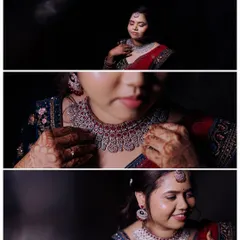 A collage of beautiful bridal portraits taken during the reception, highlighting the stunning jewelry and the bride's elegant evening look.