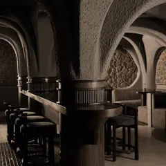 A view of the bar, framed by the overarching concrete forms. I designed this space to feel like a modern cavern, where the seating pods offer intimacy and seclusion within the larger, open volume.