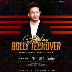 The flyer for a "Bolly Techover" night at Zora Club on Brigade Road, where I blended Bollywood vocals with techno beats.