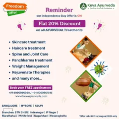 This is a reminder for our Independence Day Offer, featuring a flat 20% discount on all our Ayurveda treatments. The offer covers skincare, haircare, Panchakarma, weight management, and more.