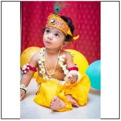 A classic pose from a 'Little Krishna' photoshoot. I guide children into gentle poses that fit the theme while capturing their natural curiosity.