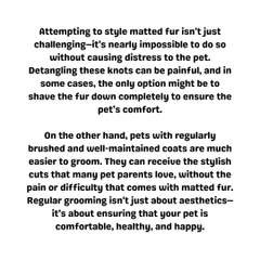 Matted fur is painful and makes grooming difficult, often requiring a full shave for the pet's comfort. A well-maintained coat is much easier to style and, more importantly, ensures your pet is happy and pain-free.