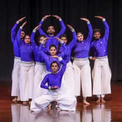 A full cast shot of our talented dance troupe for the 'KALKI' production. We pride ourselves on training a large group of individual dancers to move as one cohesive unit, creating a powerful and unified stage presence.