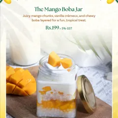 For a fun and unique treat, I created the Mango Boba Jar. It has juicy mango chunks, vanilla crèmeux, and chewy boba layered together for a playful dessert experience.