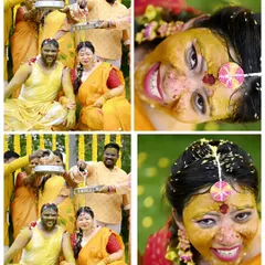 A collage of fun and playful Haldi ceremony moments. From the couple getting doused together to the bride's joyful expressions, we capture the full story of the event.