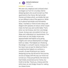 A wonderful review from my 'Bohemian Bliss' clients. I was patient in understanding their vision, and my team's eye for detail helped bring it to life smoothly.