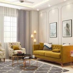 A 3D render of a contemporary living room. We use these visualizations to show you exactly how the furniture, colors, and materials will come together. This design features a mustard velvet sofa, wall paneling, and layered lighting for a warm and inviting feel.