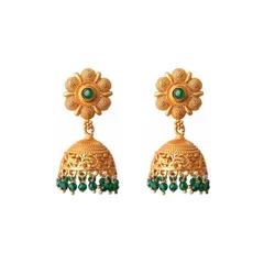 A clean, professional e-commerce shot of gold and green beaded jhumka earrings, isolated on a pure white background to ensure all focus is on the product's detail and design.