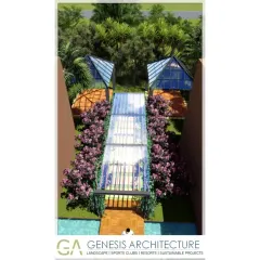 A 3D visualization of a resort entrance walkway. The design features a translucent roof and glass pyramids flanked by flowering plants, creating a magical and welcoming passage for guests arriving for their holiday.
