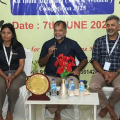 Our chief guest, the revered yoga philosopher Dr. N.R. Ganesh Rao, addressing the participants at our Yogasana Competition. His wisdom and presence were an inspiration to everyone.