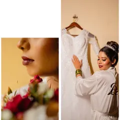 A collage showing the bride's final touches. One shot is a close-up of her makeup, the other shows her gently touching her wedding dress.