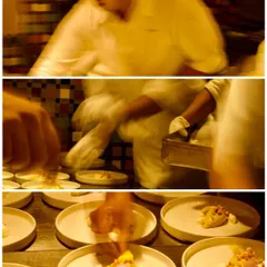 A collage showing the adrenaline and fast-paced motion of my kitchen during service, as my chefs work together to plate dozens of dishes for an event.