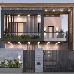 A closer look at the facade, highlighting the interplay of textures. The vertical slats, smooth plaster, and rough stone wall create a visual rhythm, while the planter box adds a touch of nature to the modern structure.