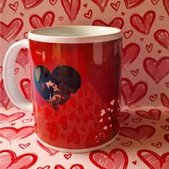 For a truly personal gift, I create custom coffee mugs. This one features a romantic red theme with a heart-shaped frame for a personal photo, making it a lovely gift for Valentine's Day or an anniversary.