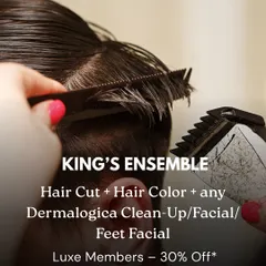 The "King's Ensemble" is the ultimate grooming package for men. It includes a haircut, hair color, and your choice of a Dermalogica clean-up, facial, or feet facial for a completely refreshed look.