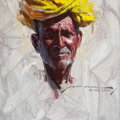 An acrylic portrait of a man in a bright yellow turban, created during an online demonstration. Acrylics allow for bold, expressive brushwork and rich colour.