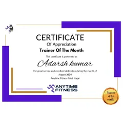I was honored to be recognized as Trainer of the Month for August 2024 at Anytime Fitness. This award reflects my dedication to providing excellent service and helping my clients achieve their goals.