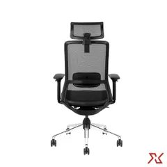The back view of our ergonomic chair, highlighting the breathable mesh back and the adjustable lumbar support mechanism. The chrome base ensures stability and smooth movement.