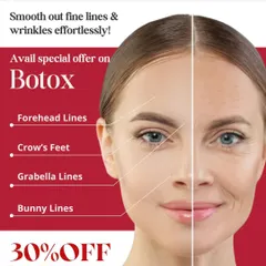 For a limited time, we are offering 30% off on Botox treatments. Smooth out forehead lines, crow's feet, and more for a refreshed appearance.