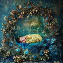 Capturing the divine innocence of a newborn as little Kanha, nestled in a wreath of peacock feathers. I meticulously design these setups, like this one in my Vashi studio, to create a truly magical and timeless portrait of your baby's first days.