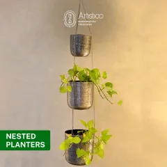 Our nested hanging planters in a chatai texture are a great space-saving solution for creating a vertical garden indoors.