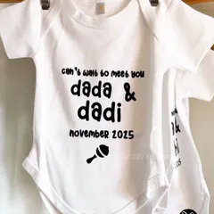 A simple and adorable way to share your news. This custom-printed baby onesie says it all, with a personal message for the 'Dada & Dadi' and the expected arrival date.