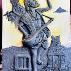 This is a finished 3D relief mural I created to honor the great poet and saint, Kanaka Dasa. Every detail, from his expression of devotion to the Udupi temple in the background, is sculpted by hand to tell his story.
