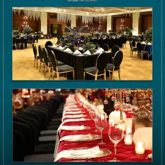 A collage showcasing enchanting table settings, from a dramatic black-themed dinner to a classic red and gold arrangement. We craft every detail to create a magical atmosphere.