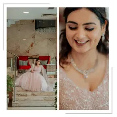 A diptych showing Mansi's radiant smile and her elegant pose in a flowing pink gown. This captures both her joyful personality and the grace of her engagement look.